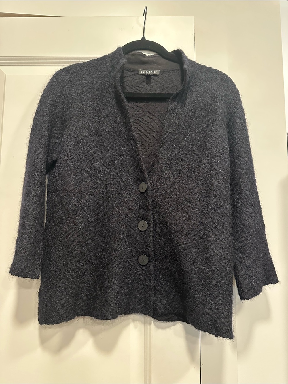 Eileen Fisher Black Textured Knit Cardigan Sweater Jkt S Wool Blend Minimalist